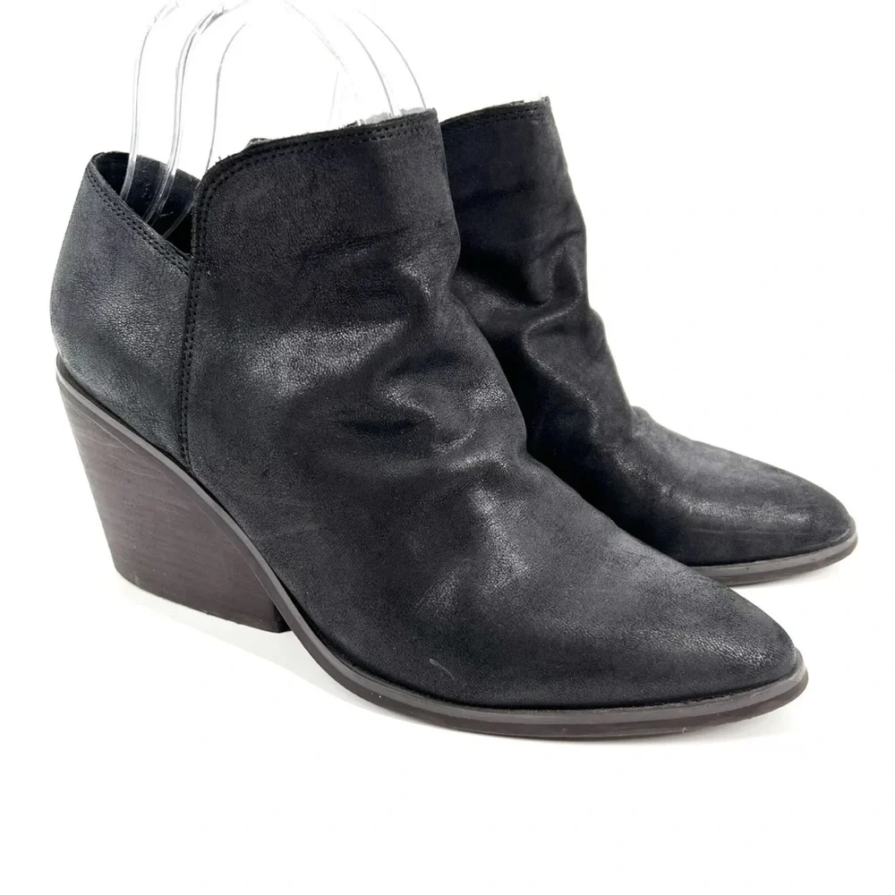Lucky Brand Ankle Boots Womens Size 8 Black Burnished Leather Wedged Block Heel